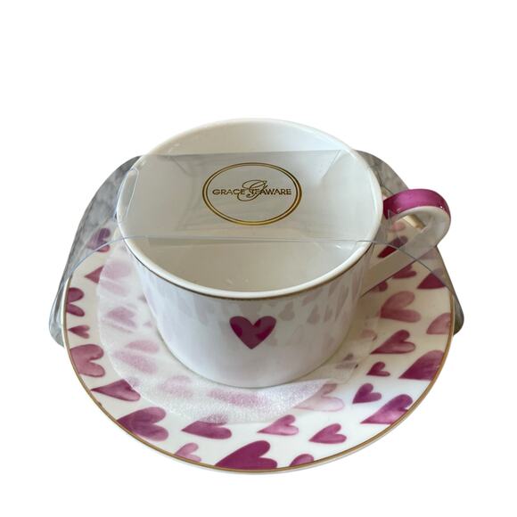Grace Teaware Teacup & Saucer Pink & Purple Hearts Valentine's Day New - Picture 2 of 16